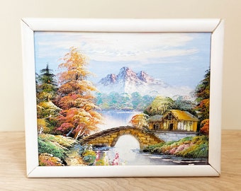 Original Mountain Landscape Painting/ Charming Folk Art Piece with Lovely Colors/ Farmhouse Cottage Decor