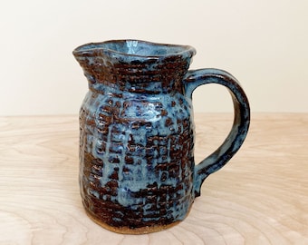 Rustic Hand Thrown Ceramic Pitcher/ Beautiful Blue Glazed Folk Art Pottery Piece/ 1970s Artisanal Pottery Piece/ Magnolia Farmhouse Decor