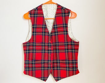 Wool Tartan Plaid Reversible Vest/ Unisex 60s Era Bespoke Vest by Mohan's Lined w Beautiful Gold Satin/ Size M