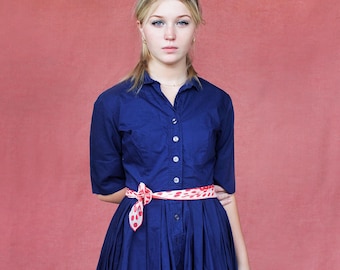 Bobbie Brooks Shirt-Time Dress Size S/ Classic 1950s All Cotton Navy Blue Shirt Dress/ Cute Button Front Shirtwaist Dress