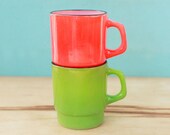 Fire-King Fired on Stacking Mugs Set of Two in Green and Orange-Red 1960s Fire King Mug Mid Century Mod Kitchen