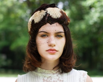 Zephyr Brown Velvet Cone Peaked Hat w Feathers Made in France/ Beautiful 1930s Conical Hat Design w Netting/ Size 22 1/2
