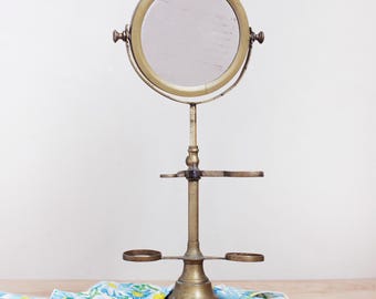 Antique Brass Shaving Mirror & Grooming Stand/ HTF Early 20th Century Table Top Valet
