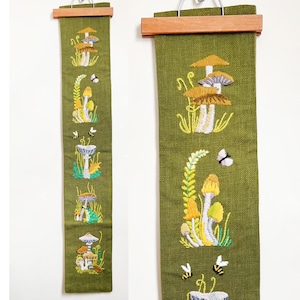 Mod Mushroom Crewel Bell Pull/ Extra Long 44" Original Needlepoint Art Work Hand Made 70s w Frog, Bees & Butterflies