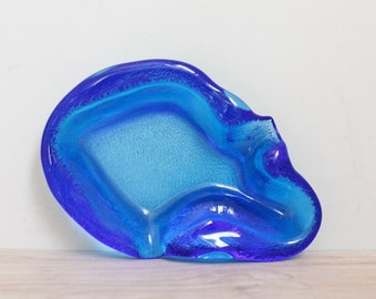 Rainbow Glass Blue Colbalt Art Glass Ashtray / HTF Mid Century Handblown Glass Ashtray or Dish w Great Shape/ Stylish w Beautiful Color