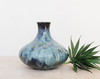 Mid Century Drip Glaze Vase/ Hand Thrown Studio Art Pottery/ German Fat Lava Style w Beautiful Colors & Shape