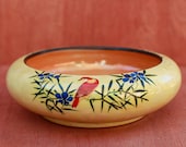 Deco Lusterware Hand Painted Yellow Bowl with Orange Bird Made in Japan Peach Luster Interior Made in Japan Stamp