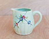 Cottage Style Hand Painted Pale Blue Pitcher or Milk Jug or Creamer Pretty Flowers & Details