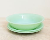 Lot of Fire King Jadeite Jane Ray Dishes Berry Bowl Two Saucers Pretty Little Trio of Jadeite Dishes 1950s Kitchen Farmhouse Style