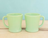 Fire King Jadeite D Handle Mugs Set of Two Green Jadeite Restaurant Ware 1950s Kitchen Farmhouse Style Green Milk Glass