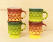 Four Mid Century Fire King Kimberly Mugs Green and Yellow Anchor Hocking Ombre Stacking Cups Diamond Pineapple Pattern