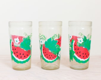 Anchor Hocking Watermelon Drinking Glasses Set of 3 / Fun Colorful Design/Old Fashioned  Jelly Jar Glasses