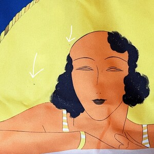 May include: A vintage illustration of a woman with dark hair and a yellow background. The woman is wearing a striped swimsuit and has her eyes closed.