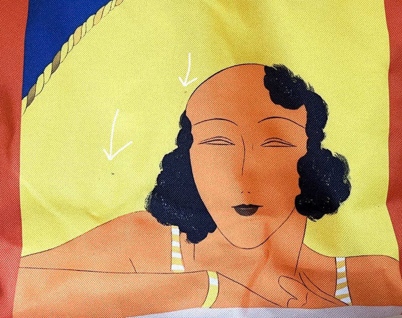 May include: A vintage illustration of a woman with dark hair and a yellow background. The woman is wearing a striped swimsuit and has her eyes closed.