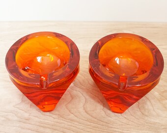 Viking Glass Orb Orange Glass Ashtray #7033 Set of TWO/ HTF Angled Ashtray w Mid Mod Shape/ Stylish w Beautiful Persimmon Orange Color