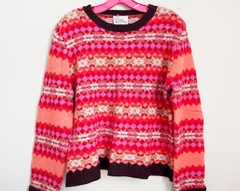 Lilly Pulitzer Fair Isle Striped Sweater Size L/ Pretty 1990s Multi Colored Lambswool Blend Crew Neck Pullover