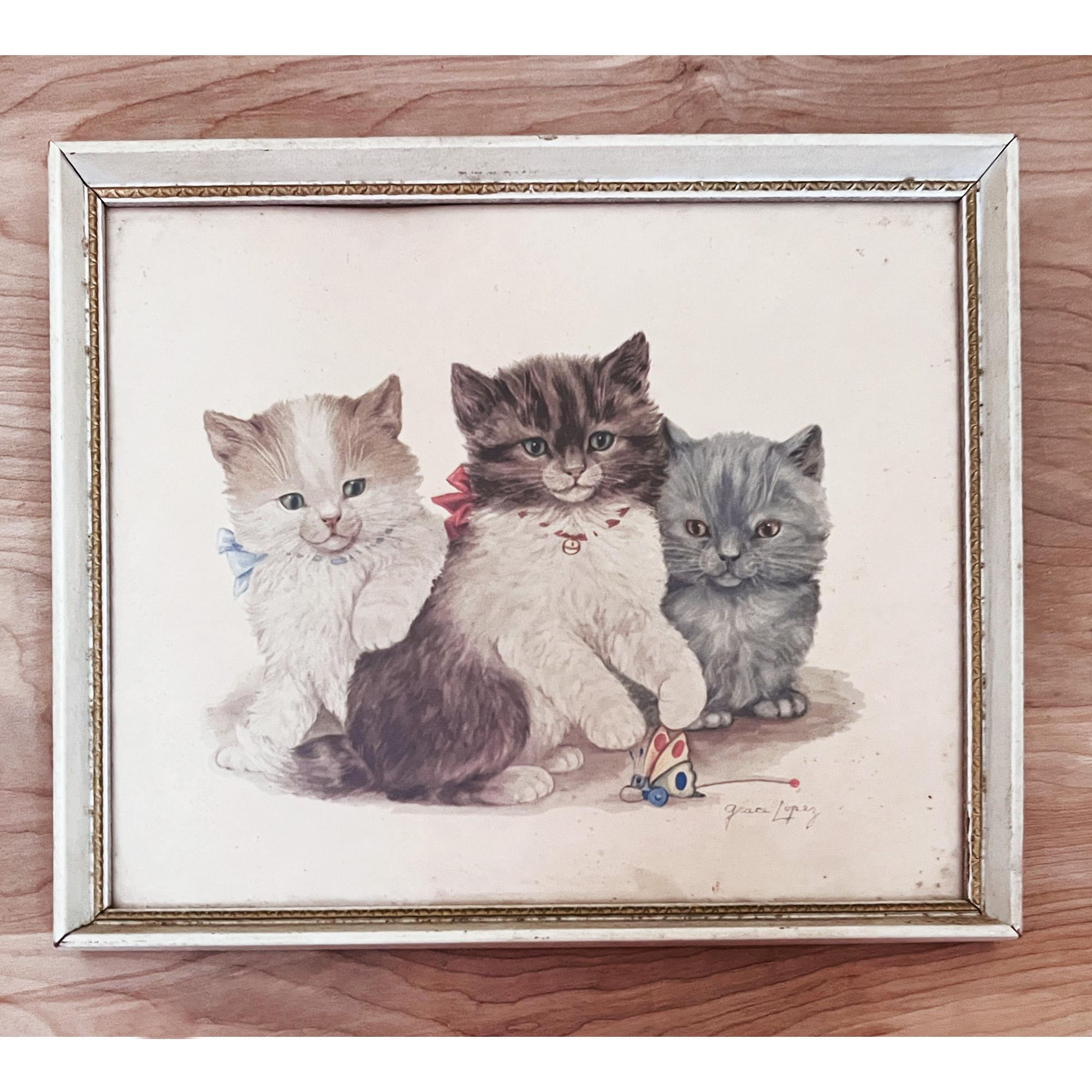 Three Little Kittens Cute Framed Cat Print by Grace Lopez/ 1950s