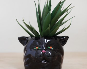 Cute Black Cat Planter/ Sweet Hand Painted Halloween Cat Head Kitty/ Kitschy Kitty Planter or Pencil Holder/ Kawaii Cat Container
