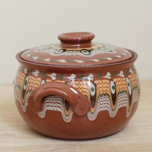 Bulgar Pottery USA Small Covered Casserole Pot/ Bulgarian Style Drip Glaze Redware Pottery/ Terra Cotta Kitchen Pottery Piece image 3
