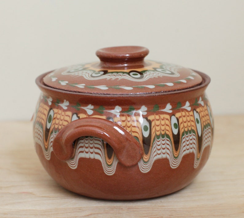 Bulgar Pottery USA Small Covered Casserole Pot/ Bulgarian Style Drip Glaze Redware Pottery/ Terra Cotta Kitchen Pottery Piece image 3