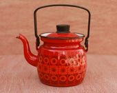 Rare Mid Century Arabia Finland Finel Enamel Kettle or Teapot by Kaj Franck "Kehrä" Daisies Design Red Orange