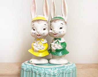 Kitschy Cute Rubber Squeaky Toy Rabbits w Babies Your Choice of Yellow or Green / Very HTF Large 14" 1960s Era Dolls w Extra Long Ears