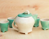 Art Deco Pottery Tea Set/  Hand Thrown and Painted / Arts & Crafts Period Unique One of a Kind Set