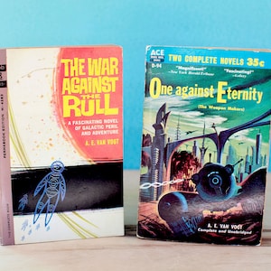 May include: Two vintage science fiction paperback books. One book is titled "The War Against the Rull" with a red and white cover. The other book is titled "One Against Eternity" with a blue and green cover.