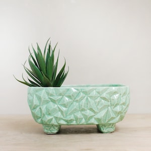 May include: A rectangular, mint-green ceramic planter with a geometric pattern and three small feet. The planter holds a green succulent plant. The planter's surface has a speckled texture, and the overall design is modern and decorative.