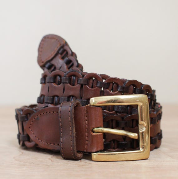 Tan Leather Brass Link Belt Saddle Brown Leather Link Belt With Brass Links - Groovy  main image 3