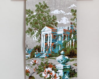 Vintage Southern Gothic Mansion Tea Towel/ Nice Linen Tea Towel w Colorful Design Including Large White House, Magnolias & Garden