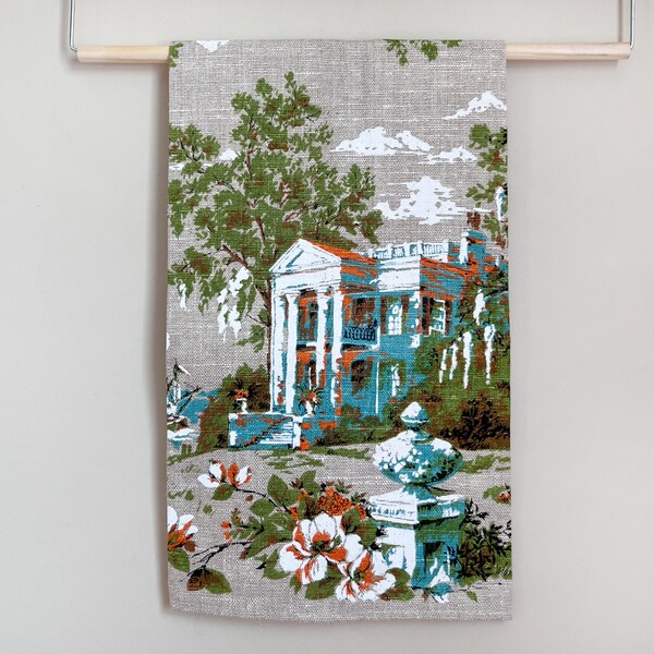 Vintage Southern Gothic Mansion Tea Towel/ Nice Linen Tea Towel w Colorful Design Including Large White House, Magnolias & Garden