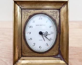 Swiza-Sheffield Brass Alarm Clock/ Small Mid Century Swiss Made Working Alarm Clock w Brass Picture Frame Style Case/  Beautiful Design