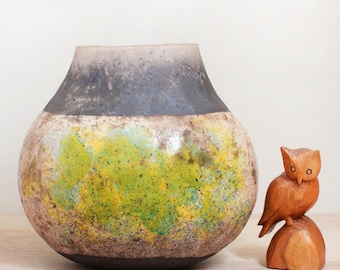 Ruth Trent Raku Art Pottery Vase/ Large Hand Built Art Pottery Vessel by Southern Artist/ Signed w Card/ Rustic Rare Collectable Pottery