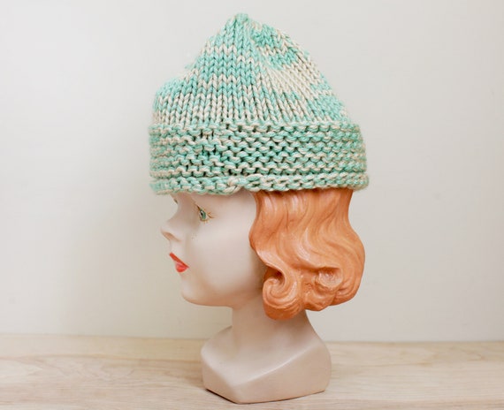 Vintage Knit Ladies Skull Hat/ Fun Mint Green & W… - image 3