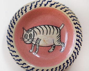 Hand Thrown Rocky Price Folk Art Cat Dish/ Beautiful One of a Kind Signed & Dated 1991/ Glazed Art Pottery Dish w Cute Scaredy Cat