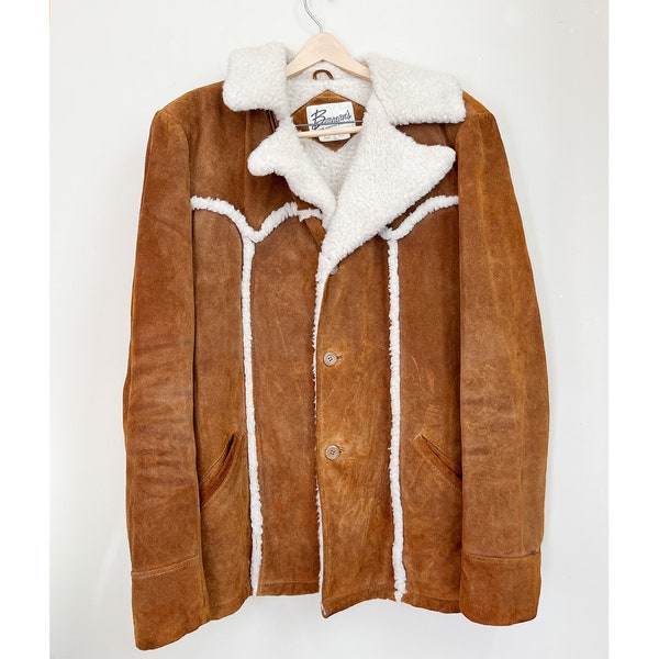 Berman's Men's Shearling & Suede Leather Jacket Size 46L/ Beautiful Classic Caramel Brown Western 70s Leather Men's Coat/ Cowboy Style Coat