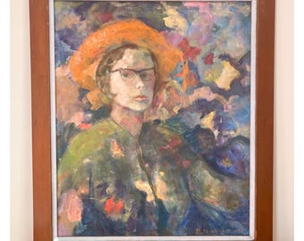 Self Portrait Painting Original Oil on Canvas by Ruth Wallace Dated 1970 Mid Century Teak Frame/ Stunning Impressionist Style