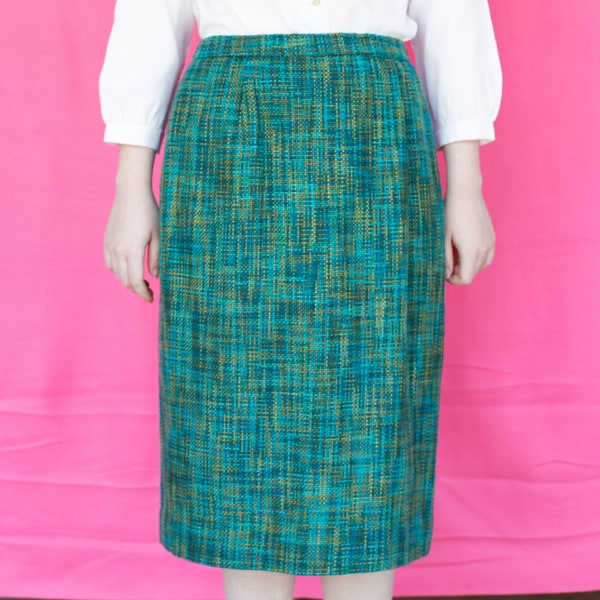 Henry Lee Textured Green & Blue Plaid Pencil Skirt/ Petite Size 8/ Lovely Lined Minute Plaid Skirt w Great Colorway