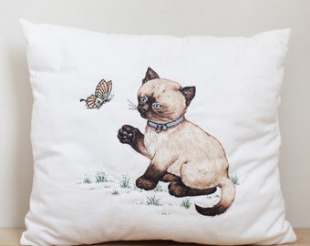 Vintage Siamese Kitten & Butterfly Pillow/ Sweet Hand Made Appliquéd w Custom Tag/ Pretty Handmade Cat Lady Core Throw Pillow