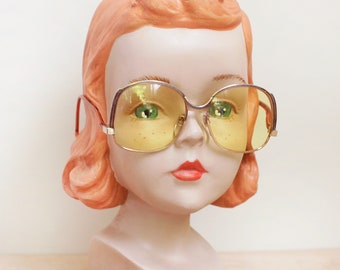 70s TURA Yellow Big Lens Sunglasses/ GroovyAviator Style Curved Arm Sunglasses by Tura Inc./ Reader Lenses 1.25