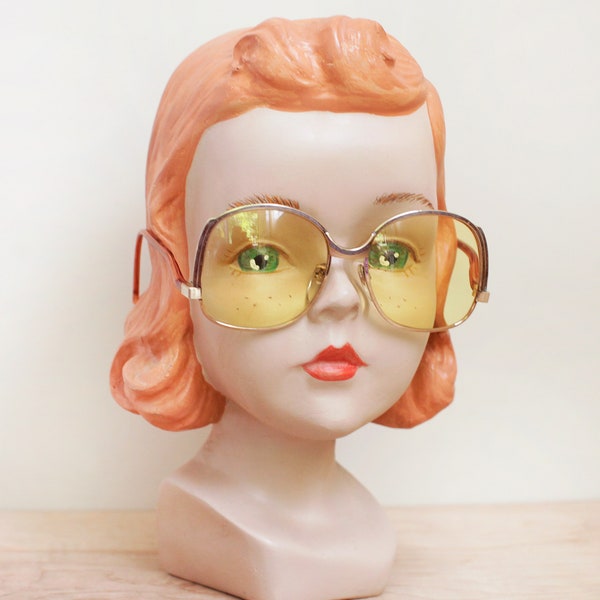 70s TURA Yellow Big Lens Sunglasses/ GroovyAviator Style Curved Arm Sunglasses by Tura Inc./ Reader Lenses 1.25