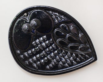 Dorvan Mid Century Owl Wall Plaque Made in Japan/ HTF Stoneware Black Glazed Owl Circa 1960s/ Groovy MCM Owl Wall Hanging