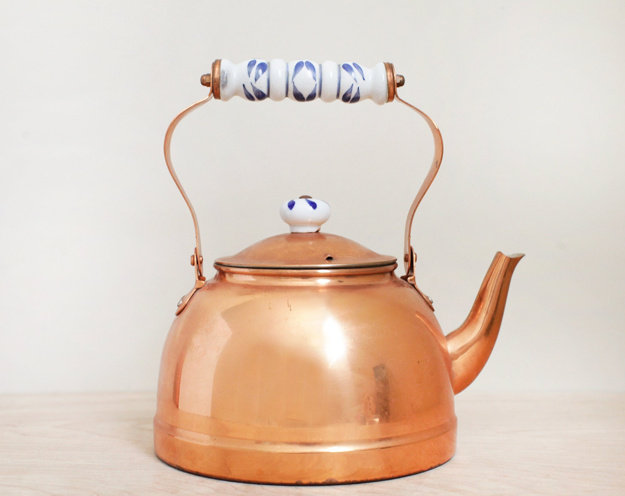 Copper Tea Kettle Benjamin Medwin Inc. NY Porcelain Blue and