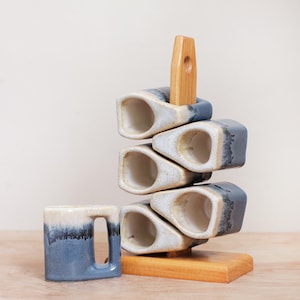 Rodolfo Padilla Pottery Expresso Mugs on Wooden Stand/ Stunning Dripglaze Stoneware Mug Set of 6 Mid Mod Stacking Mini Mugs
