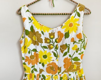 1960s Floral Summer Tea Dress / Vintage Floral Flare Skirt Design/ Super Cute Vintage Homemade Cottagecore Dress