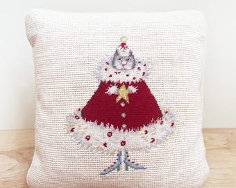 Cat Christmas Tree Embroidered Pillow/ Super Cute HTF Needlepoint Holiday Finished Anthropomorphic Edward Gorey Style Kitty