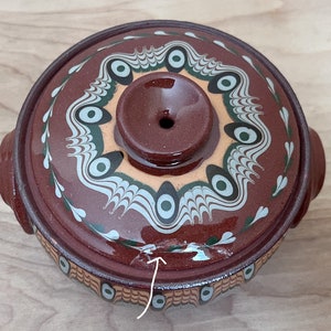 Bulgar Pottery USA Small Covered Casserole Pot/ Bulgarian Style Drip Glaze Redware Pottery/ Terra Cotta Kitchen Pottery Piece image 6