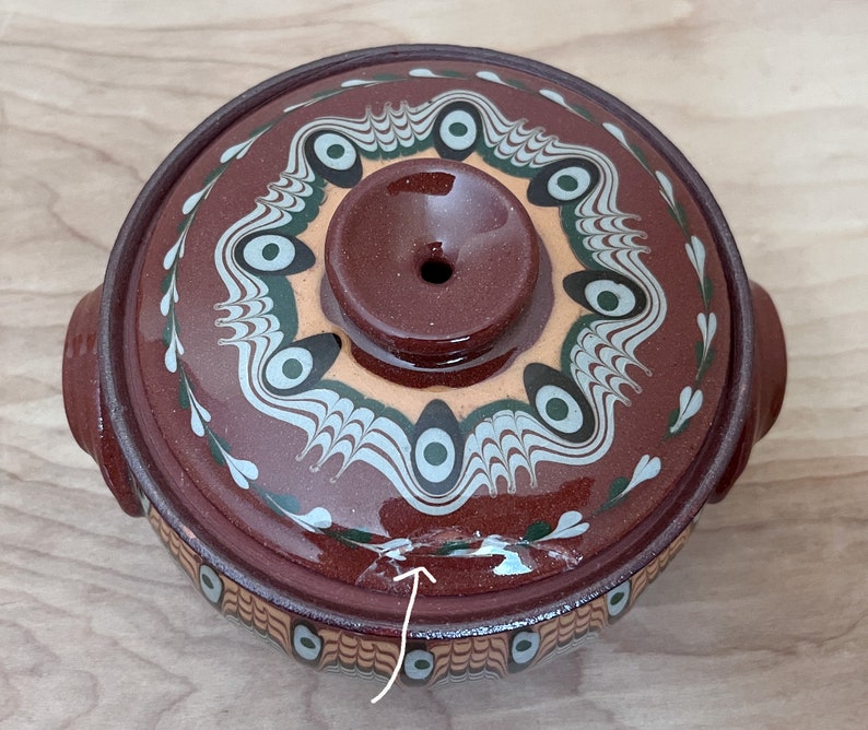Bulgar Pottery USA Small Covered Casserole Pot/ Bulgarian Style Drip Glaze Redware Pottery/ Terra Cotta Kitchen Pottery Piece image 6