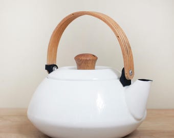 Mid Century White Enamel Tea Kettle w Wood Handle/ Danish Modern Copco Style